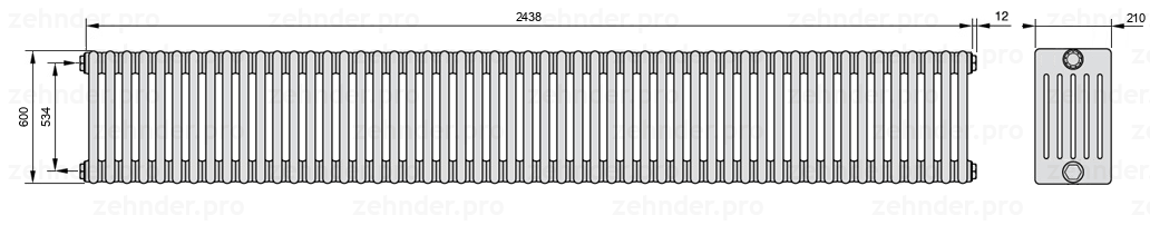 Схема (чертеж) Радиатор Zehnder Charleston 6060/53 №1270 Белый глянцевый RAL 9016